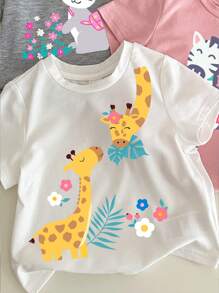SHEIN 3 件套女婴休闲可爱动物印花短袖圆领上衣，适合夏季 - 彩色 - 查看 3