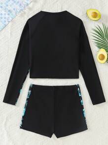 SHEIN 少女黑色拉链插肩袖热带植物印花上衣短裤泳衣套装，沙滩装泳衣夏季，冲浪