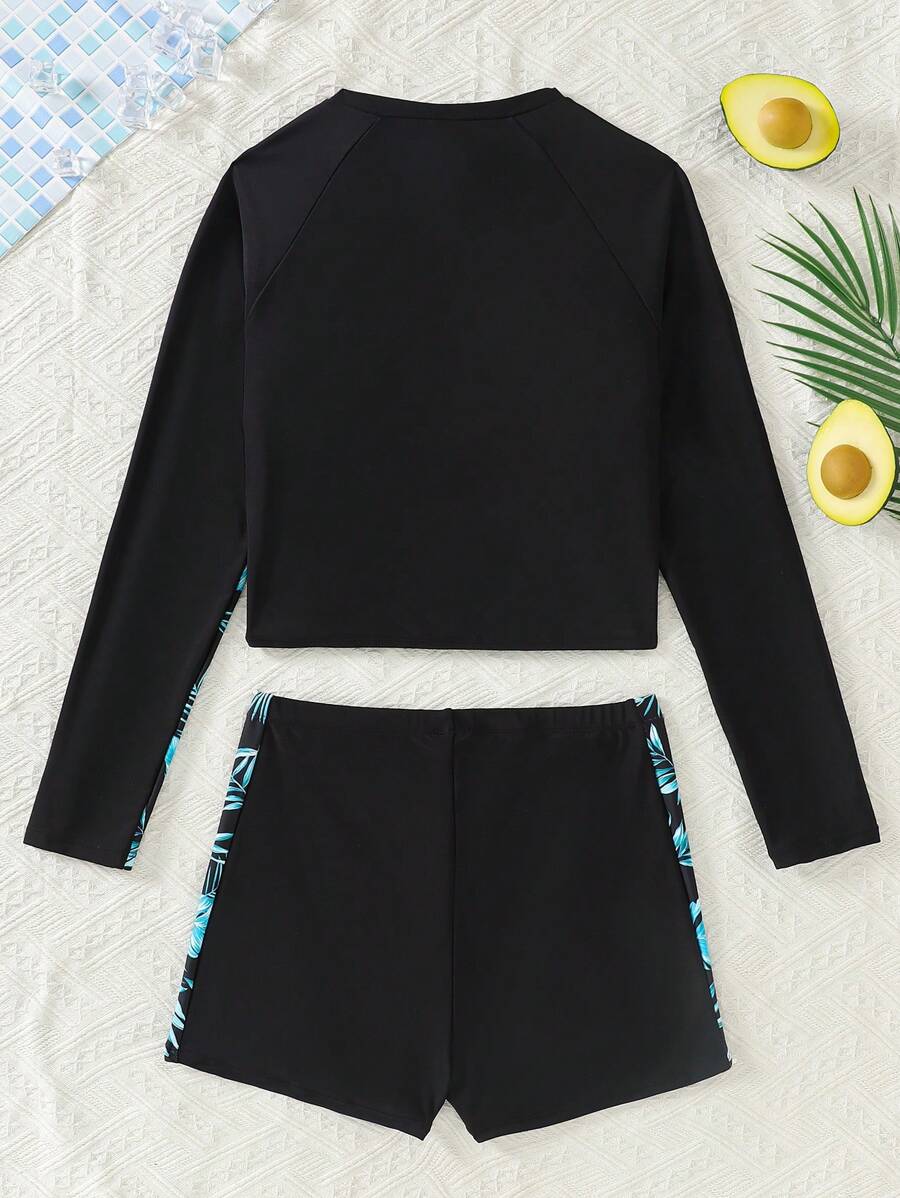 Teen Girl Black Zippered Raglan Sleeves Tropical Plant Print Top Shorts Swimsuit Set,Beach Outfit Bathing Suit Summer,Surf - Black - View 1