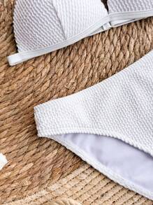 SHEIN Teen Girls' Textured Knitted Halter Necklace Design Swimsuit Set, Vacation Casual Beachwear