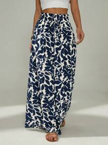 SHEIN PETITE 女式高腰口袋褶皱阔腿度假植物印花裤 - 藍白色 - 查看 3