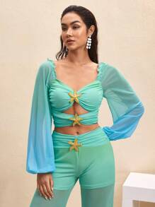 BY FELIZIA 蓝绿渐变印花网纱泡泡袖长袖金色海星褶皱镂空短款度假上衣女上衣 - 彩色 - 查看 5