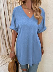 SHEIN LUNE 女士纯色 V 领短袖休闲宽松 T 恤 - 藍色 - 查看 3