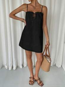 SHEIN Frenchy Đầm mini thêu khoét rỗng màu trơn cho nữ - màu đen - Xem 2