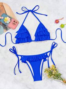 Swim Mod 2pcs/Set Women Plain Halter Neck Triangle Bikini Top And Lace-Up Side Swim Bottom With Multi-Layer Ruffle Trim Adult Swimsuit For Summer Beach Vacation - Royal Blue - View 3