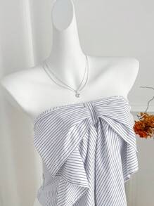 Sweetra 春夏蝴蝶结条纹修身无袖短款露肩休闲衬衫 - 白色 - 查看 3