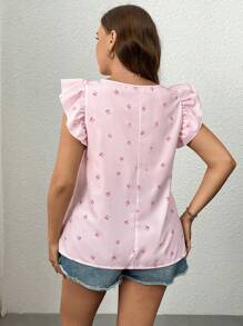 SHEIN Unity Plus Size Women Striped Bowknot Print Square Collar Ruffle Sleeve Blouse - Pink - View 2