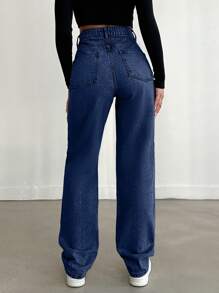 SHEIN Cottnline 100%Cotton Solid Color Straight Leg Jeans - Medium Wash - View 2