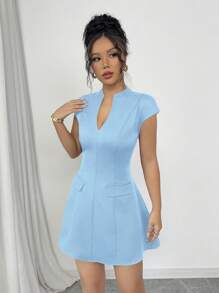 Chiquease 女士缺口领纯色修身休闲夏季短袖连衣裙