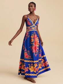 Travachic 女士 V 领印花连衣裙，夏季度假装 - 藏蓝色 - 查看 6