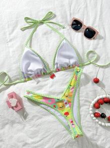 Swim Mod Women's Summer Beach Fruit Print Halter Tie Sexy Bikini Set - Multicolor - View 2