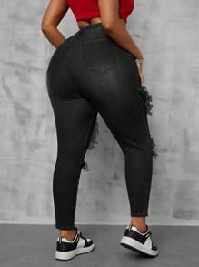 Slaydiva Plus Size Women Stretchy Blue Denim Ripped Skinny Jeans Women Spring Old Money - Black - View 2