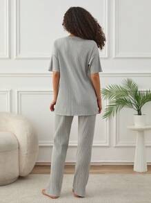 RueChic Women 2 Pcs Contrast Colour Slogan With Bow Pattern Homewear Lounge Set - Light Grey - View 2