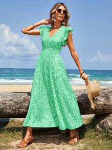 RueChic Vacation Casual Floral Ruffle Hem Long Dress - Green - View 5
