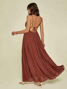 SHEIN Tall 女士砖红色连衣裙，夏季度假装，现代度假波西米亚纯色沙滩裙，极简主义无袖褶皱连衣裙 - 鏽棕色 - 查看 8