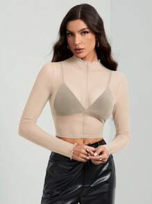 SHEIN Tall 女款純色長袖立領透視性感上衣 - 杏色 - 查看 4