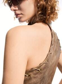 LYSMO Women's Nomadic Style Sleeveless Halter Crop Top And Low-Rise PU Shorts Set Cow Girl - Brown - View 10