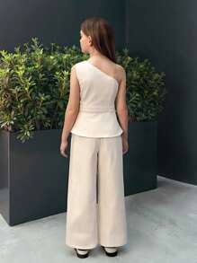 SHEIN Nova Glow Tween Girl Apricot Commuting Daily Asymmetric Ruffle Waist Long Pants 2 Pieces Set - Beige - View 2