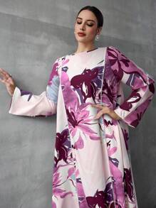 Al Najma 女士土耳其长袍和阿拉伯花卉印花长裙、卡夫坦和贾拉比亚 - 粉色 - 查看 1