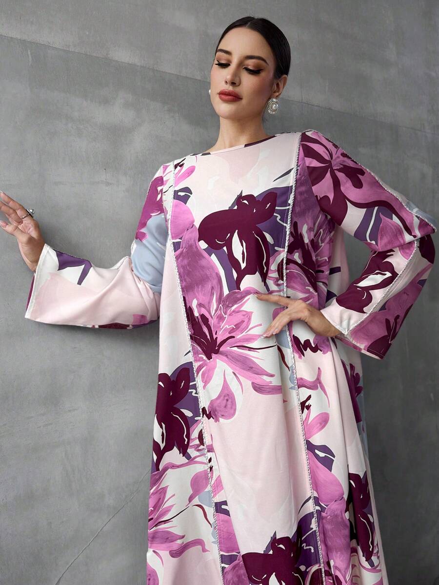 Al Najma 女士土耳其长袍和阿拉伯花卉印花长裙、卡夫坦和贾拉比亚 - 粉色 - 查看 1