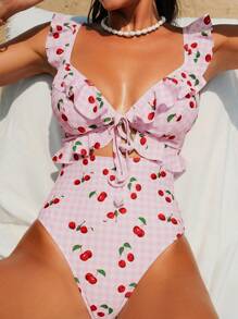 Swim Mod Summer Vacation Sexy Cherry Ruffle Hollow Back One-Piece Swimsuit For Women - Multicolor - View 7