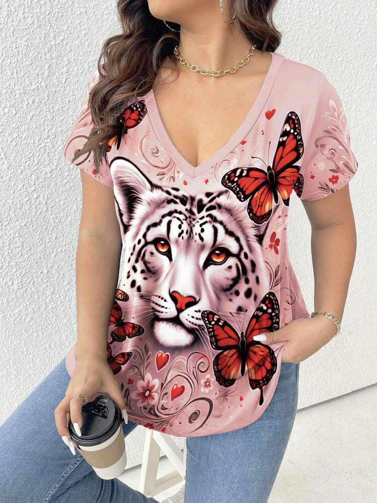 SHEIN LUNE Plus Size Women Tiger Head Printed V-Neck Short Sleeve T-Shirt, Fashionable - Multicolor - View 5