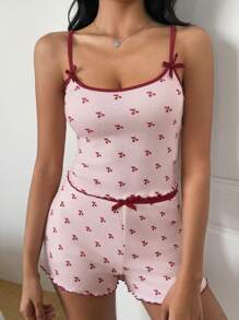 DAZY Women Cute Cherry Print Contrast Trim Fitted Cami And Shorts Pajama Set