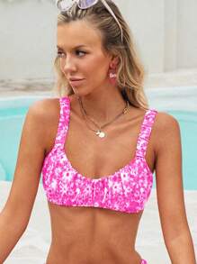 SHEIN Swim Springbreak Tropical Floral Ruched Wide Strap Bandeau Sexy Women Holiday Bikini Swimwear Top For Summer Beach Vacation - Pink - View 4