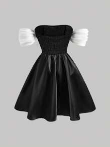 SHEIN MOD 女士黑白撞色露肩珍珠缀饰连衣裙