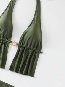Swim SXY 3 件套新款系带三角形女士泳衣，采用闪亮材质和不对称金属装饰 - 軍綠色 - 查看 6