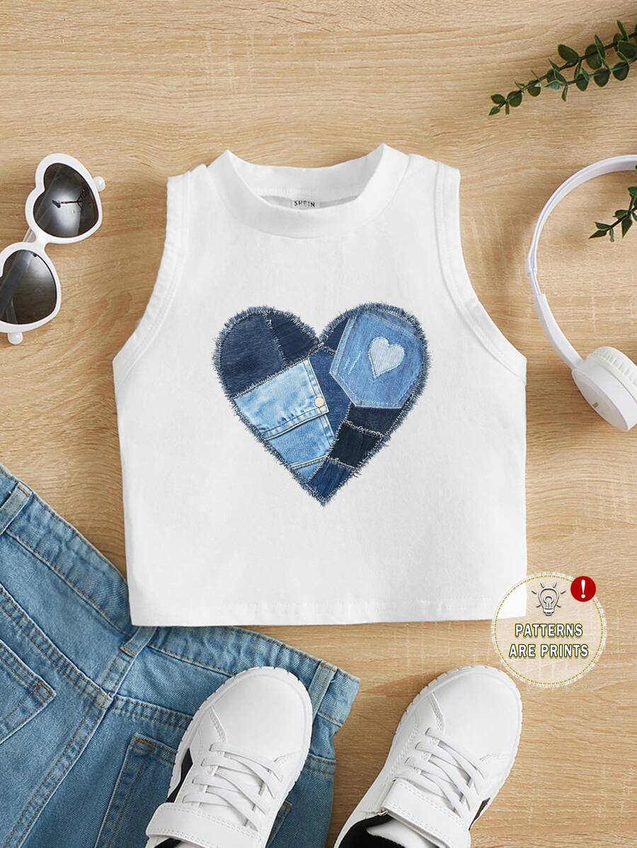 SHEIN Young Girl Casual Simple Patchwork Vintage Street Heart Graphic Crew Neck Tank Top, Suitable For Summer - White - View 1