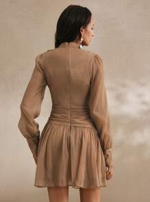 Anewsta Elegant Slimming Waist Vintage French Palace Style Minimalist A-Line Short Dress, Spring/Summer Outfit For Women - Coffee Brown - View 2