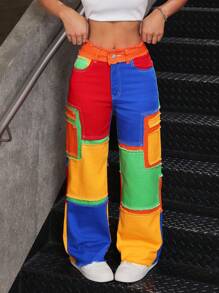 SHEIN PETITE Women's Multicolor Patchwork Denim Jeans: Extra Long, Casual Style, Zipper Details - Multicolor - View 5