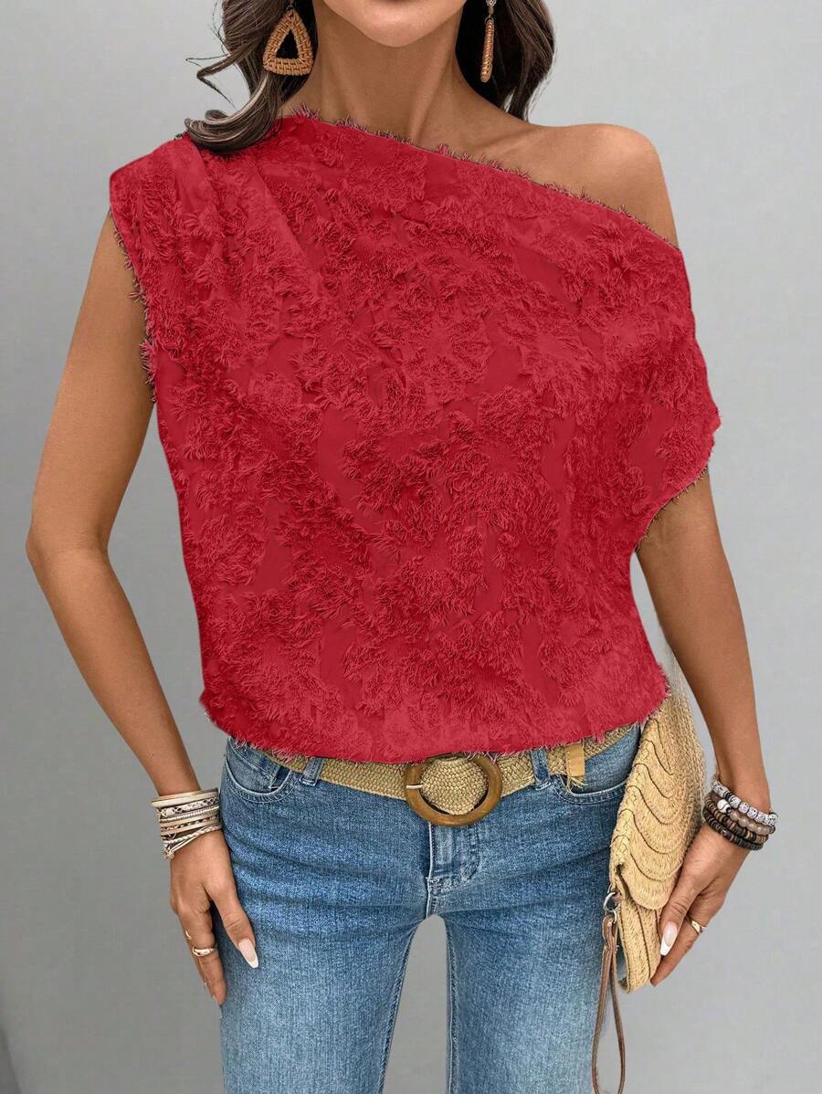 EMERY ROSE Áo cánh nữ xếp ly bất đối xứng rộng rãi thanh lịch giản dị - Đỏ - Xem 1