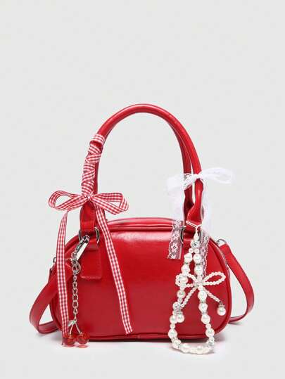 Borsa a mano mini da donna, stile carino da ballerina, con decorazione a fiocco e perle di ciliegia