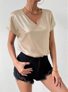 女士纯色 V 领休闲短袖上衣，夏季 - 金色 - 查看 6
