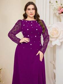 Coutiva 加大码优雅针织连衣裙，撞色蕾丝和泡泡袖，正式、派对礼服、晚礼服、婚礼宾客礼服