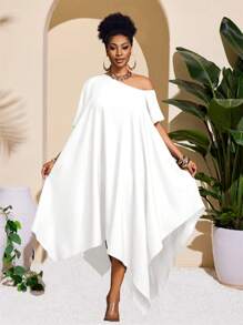 Slaydiva 2025 新款休闲百搭日常无袖/短袖宽松不对称下摆连衣裙，简约设计，适合春夏季