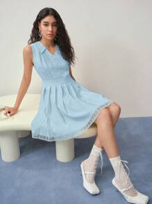 MOTF STUDIO VESTIDO PLISADO CON ENCAJE DE CONTRASTE - Azul - Ver 4
