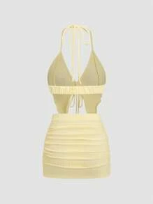 SHEIN Unity 黄色条纹纹理面料 V 领露背系带领不对称下摆紧身吊带背心和紧身褶皱迷你裙 2 件套，休闲度假性感女士夏季日常穿着 - 黃色 - 查看 2