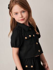PrepCrw Young Girls' Black Puff Sleeve Shirt & Mini Skirt Set, College Style, Spring/Summer - Black - View 3
