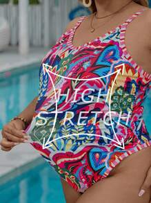 SHEIN CURVE+ CURVE Plus Size All Over Printed Beach Resort Bodysuit Boho Vacation - Multicolor - View 7