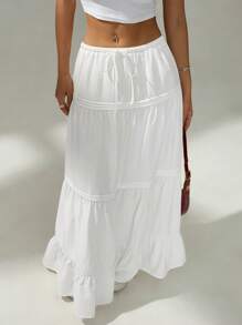 SHEIN PETITE 女式纯色腰带荷叶边下摆休闲裙 - 白色 - 查看 6