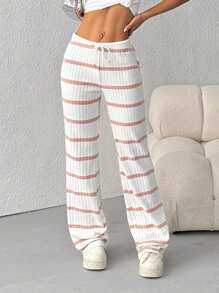 SHEIN EZwear 女式休闲条纹抽绳腰裤 - 藕粉色 - 查看 6