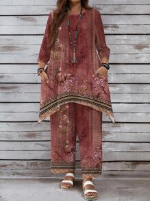 EMERY ROSE 2pcs Plus Size Casual Retro Printed Set, Suitable For Spring And Autumn - Multicolor - View 3