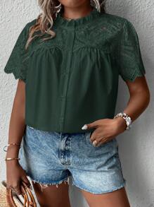 SHEIN Clasi Áo sơ mi rộng rãi đơn hàng thường ngày thêu Burnout cỡ lớn cho nữ - Màu xanh lá cây đậm - Xem 3