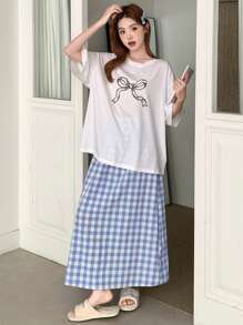 DAZY 2pcs Bow Printed Loose Short Sleeve Plaid Shorts Set, Women Summer Pajamas - White - View 5
