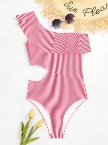 SHEIN Swim Ruffled Hem Minimal/Simple Design One Piece Swimsuit, Suitable For Summer - Multicolor - View 5