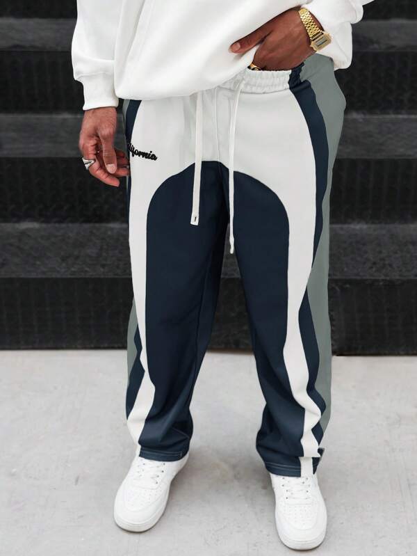 Manfinity Streetrush Pantalones de chándal casuales de hombre con costura a contraste y cintura con cordón, ropa de primavera y verano para hombre, regalo para novio, pantalones de chándal para hombres
