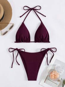 SHEIN Swim Solid Color Bikini Swimsuit Set - Halter Triangle Top & Cheeky Bottoms, For Beach Vacation For Summer